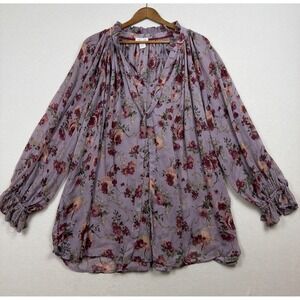 Clover + Scout Womens Crushed Chiffon Fabric Plum Floral Blouse Size 3X Tie Sash
